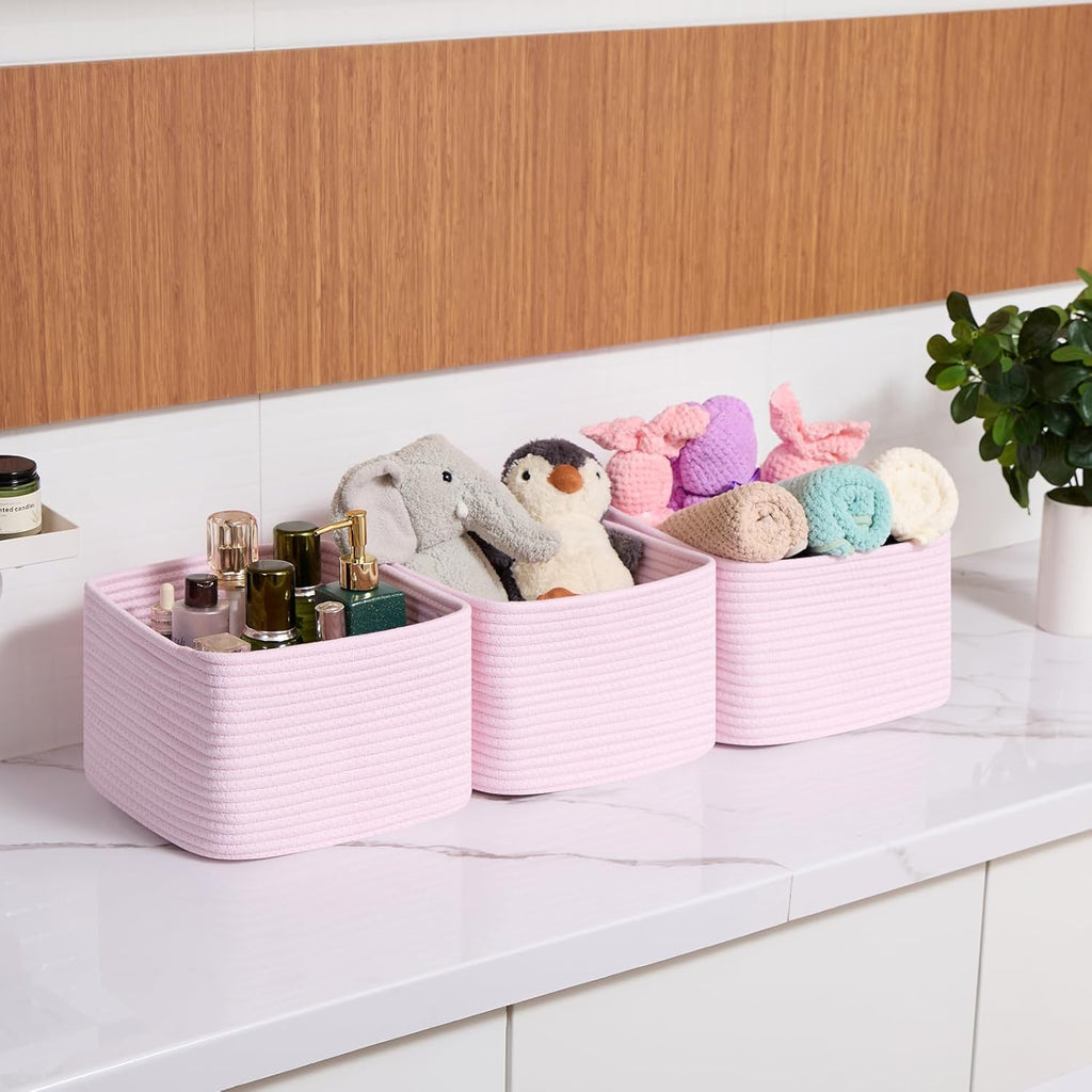 Small Organizing Baskets for Cubes Shelf, 9.7x9.7x7.1 Inch Rope Woven Storage Bins for Nursery Shelves Storage, Cute Toy Basket, Square 3 Packs Light Pink