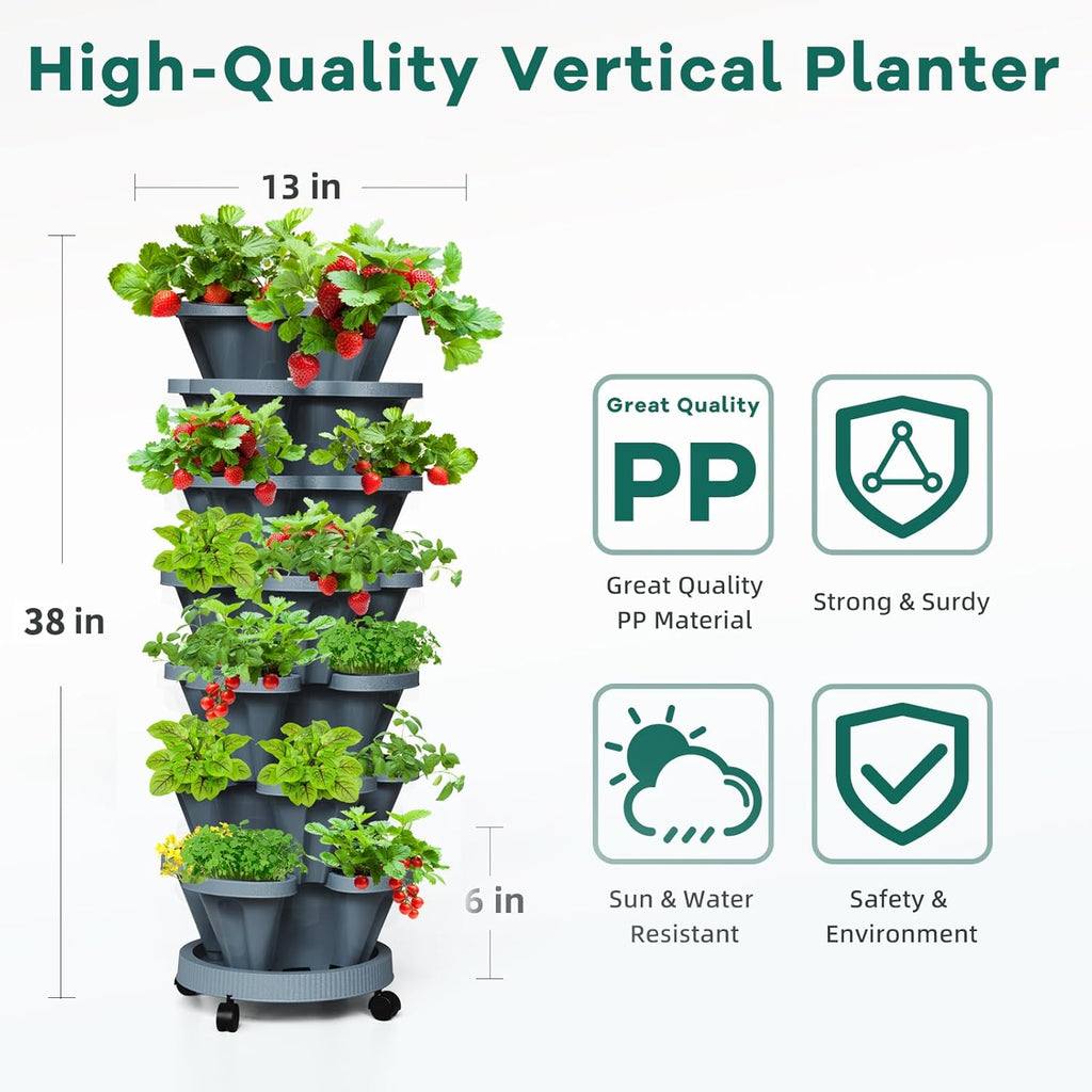 7 Tiered Strawberry Vertical Planters Tower Garden 2 Pack, Stacking Herb Vegetable Planter with Support Pole Indoor and Outdoor - Dark Grey