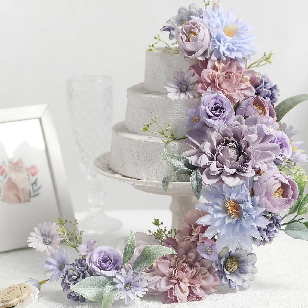YYHUAWU Artificial Flowers Heads Combo Purple Flowers Mix Silk Flowers Dahlia Roses for DIY Wedding Bridal Bouquets, Baby Shower, Floral Arrangement, Table Centerpieces, Home Decorations.