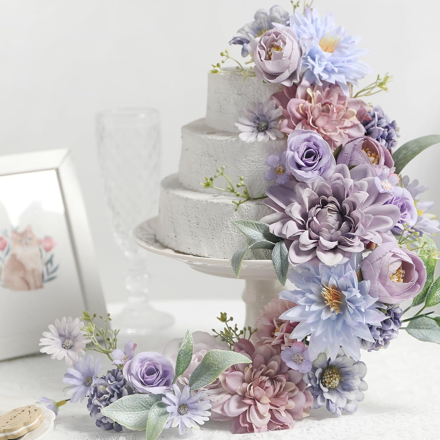 YYHUAWU Artificial Flowers Heads Combo Purple Flowers Mix Silk Flowers Dahlia Roses for DIY Wedding Bridal Bouquets, Baby Shower, Floral Arrangement, Table Centerpieces, Home Decorations.