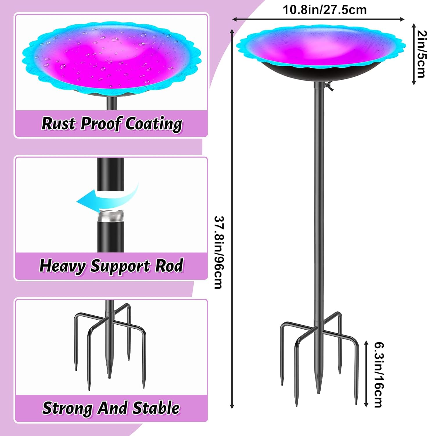MeyRoliz Metal Bird Bath for Outside, Detachable Birdbath Birdfeeder Bowl, Freestanding Birdfeeders Bird Bath Bowl for Garden (Blue-Purple)