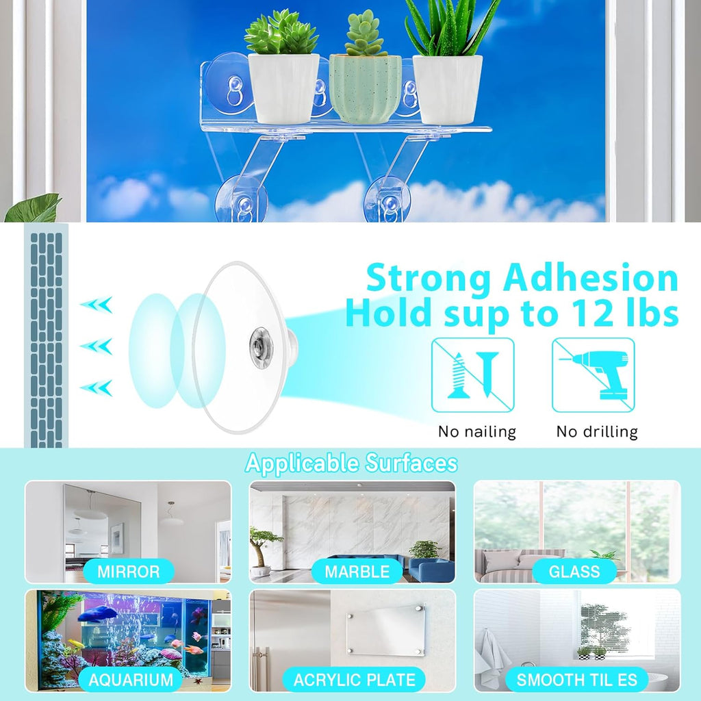 12-Inch Window Boxes Sill Planter Suction Cup Holder, 5-Inch Extra Wide Window Sill Extender, with Load Bearing Bracket for Herbs, Succulents, Clear Acrylic Indoor Plant Stand