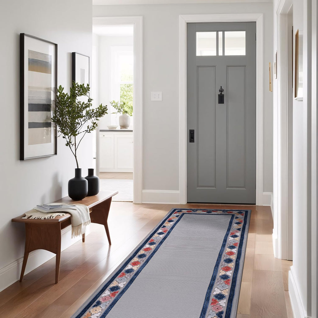 Beverly Rug Outdoor Runner Rug 2x7 Modern Floral Bordered Area Rugs for Indoor and Outdoor Patio Easy to Clean Non Shedding Living Room Porch Garden Washable Outside Carpet (2 x 7 Gray)