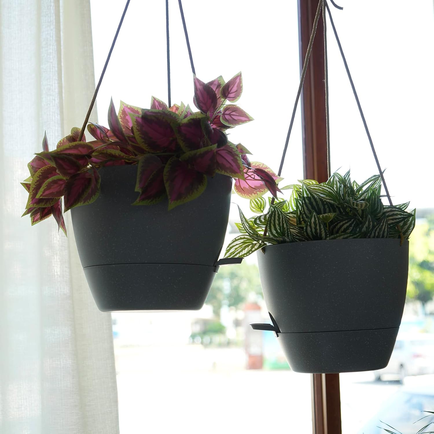 10 Inch Self Watering Hanging Pots, 2 Pack Hanging Planters with 40oZ Deep Reservior for Indoor Outdoor Plants Flowers, Grey