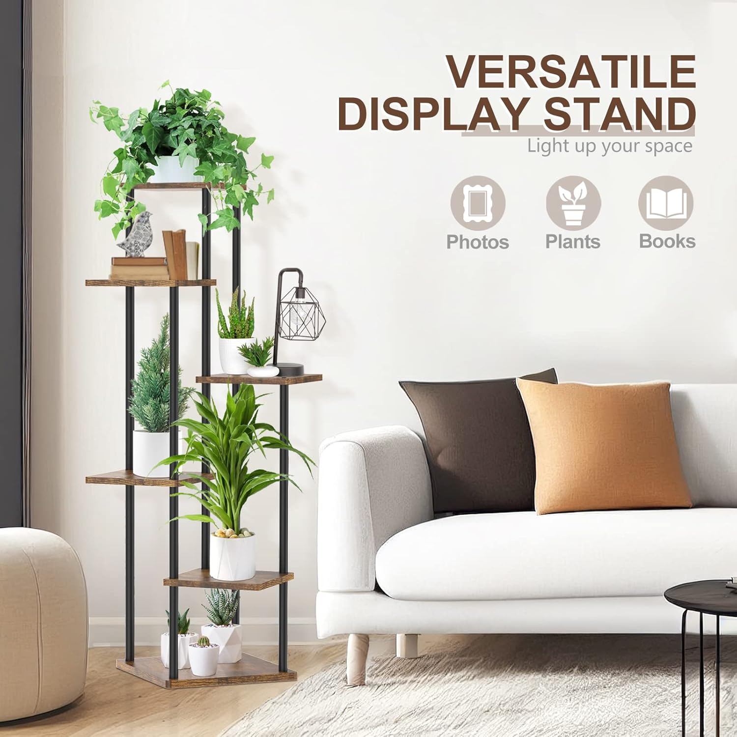 6 Tier Tall Plant Stand Indoor, Large Wood Metal Planter Shelf Holder for Narrow Corner, Sturdy Vertical Multiple Flower Orchid Pot Decorative Rack for House Living Room Bedroom Office, Rustic Black