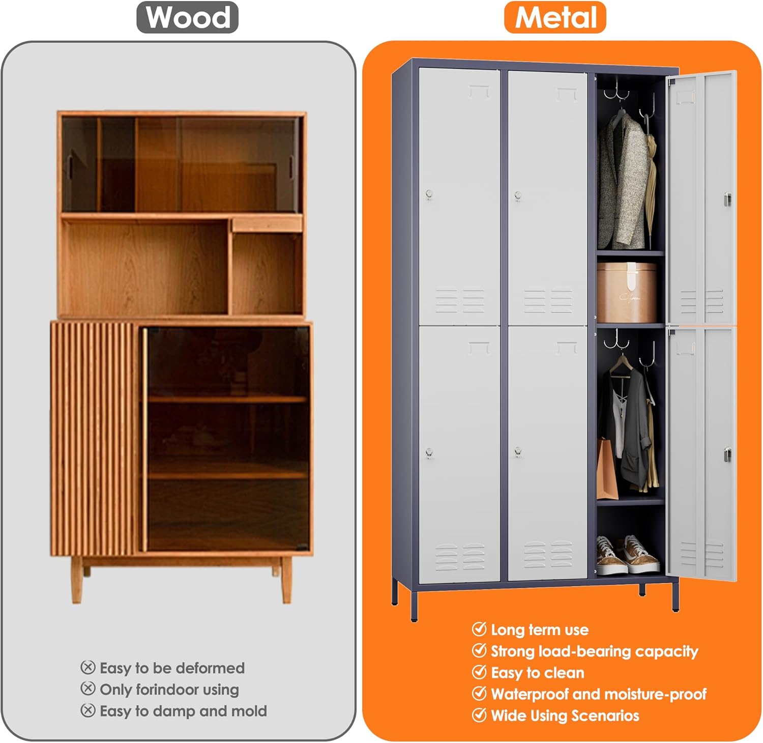 6 Doors Metal Lockers for Employees with 6 Shelves and 18 Hooks, Storage Locker with Business Card Holder for Office Gym School Bedroom, Assembly Required, White and Gray