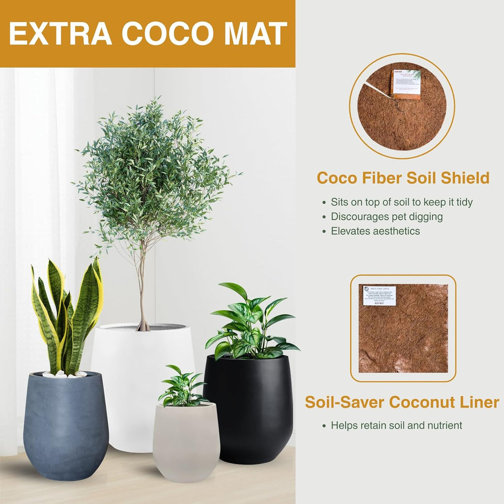 21" H x 19" D Corso Fiberstone Round Planter with Drainage Hole, Smooth Finishes, Weather Resistant for Indoor and Outdoor Use, Included 2 Extra Coco Mats (Black, 15" Pot Opening)