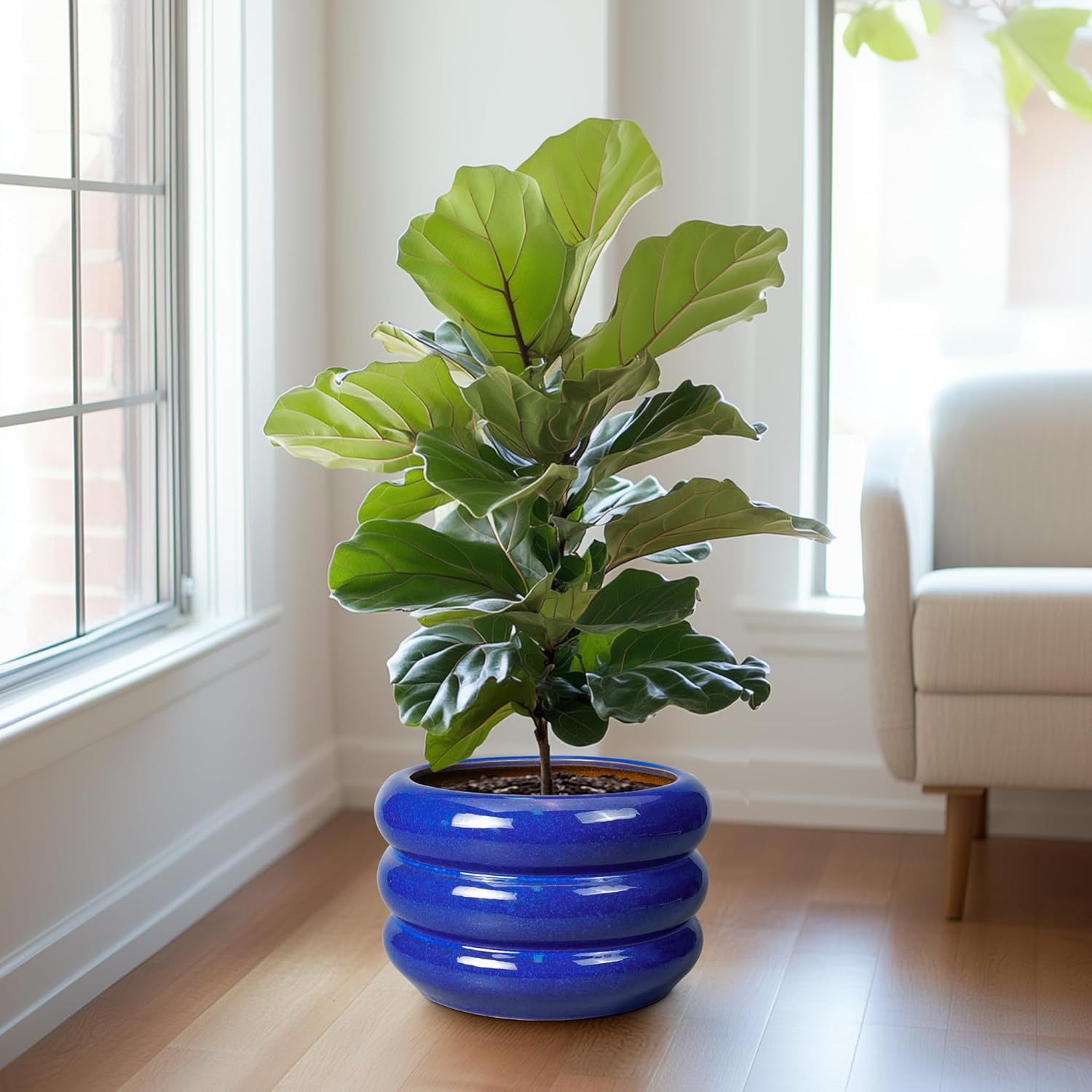 SQOWL Ceramic Plant Pot 13.5 Inch - Large Planter for Outdoor Plants Round Indoor Flower Pot with Drainage Hole Decorative Planter Modern Home Decor Blue