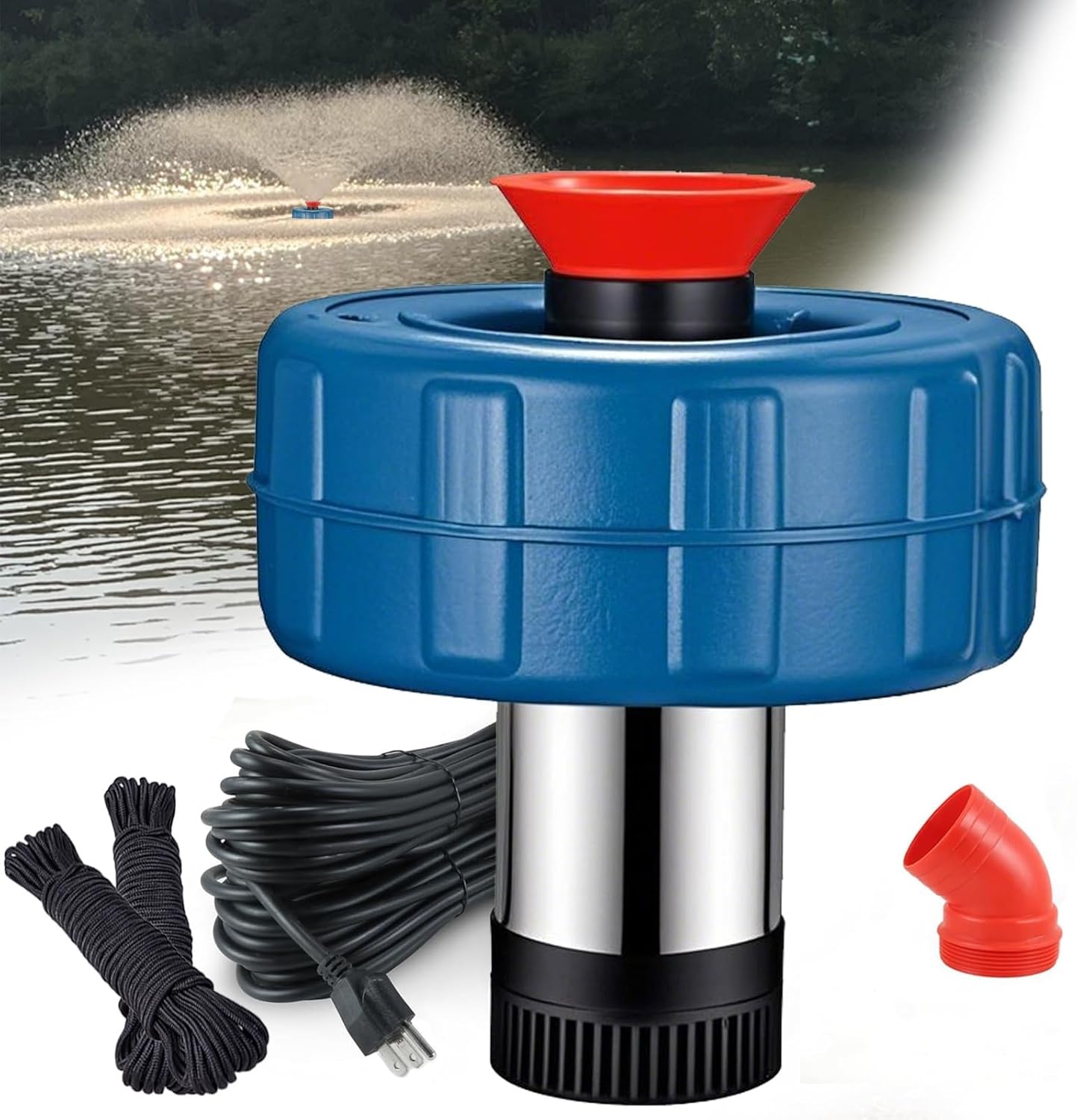 Pond Fountain Aerator - 110V, 0.75KW/1HP, 15000 GPH Pump. Fully Automatic Powerful Lake Floating Fountain with 100 - Foot Power Cord and Two 100 - Foot Guide Ropes for Large Ponds and Lakes (F-65)