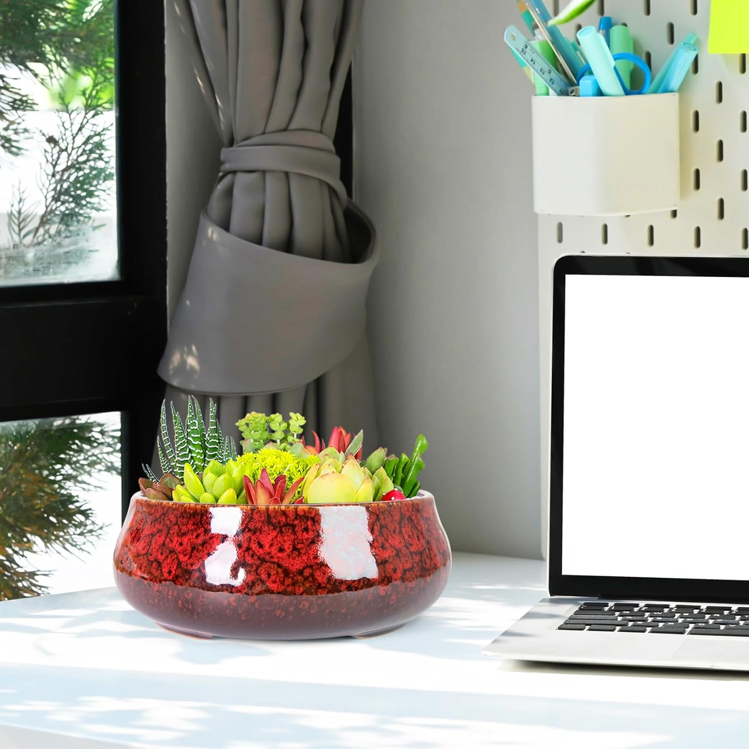 ARTKETTY Succulent Pots - 8 Inch Plant Pot, Large Bonsai Pots with Drainage, Ceramic Planters for Indoor Outdoor Plants, Round Shallow Cactus Flower Plant Container Bowl Decorative Home Garden