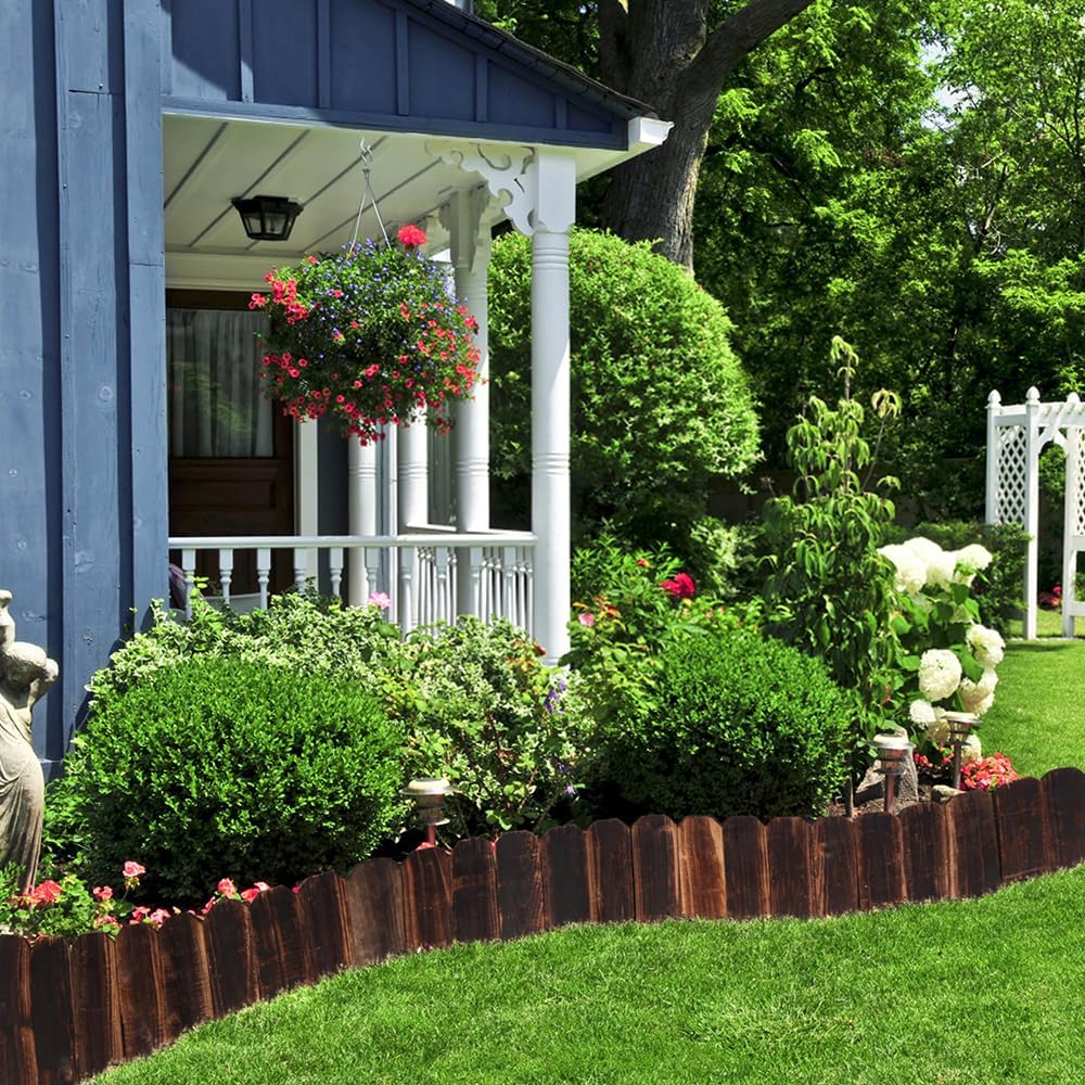 2 Pack Garden Wooden Fence Anti-Corrosive Outdoor Landscape Edging Flexible Decorative Border with a Pair of Gloves for Garden Yard Flower Tree Fence - 7.9'' H x 47'' L