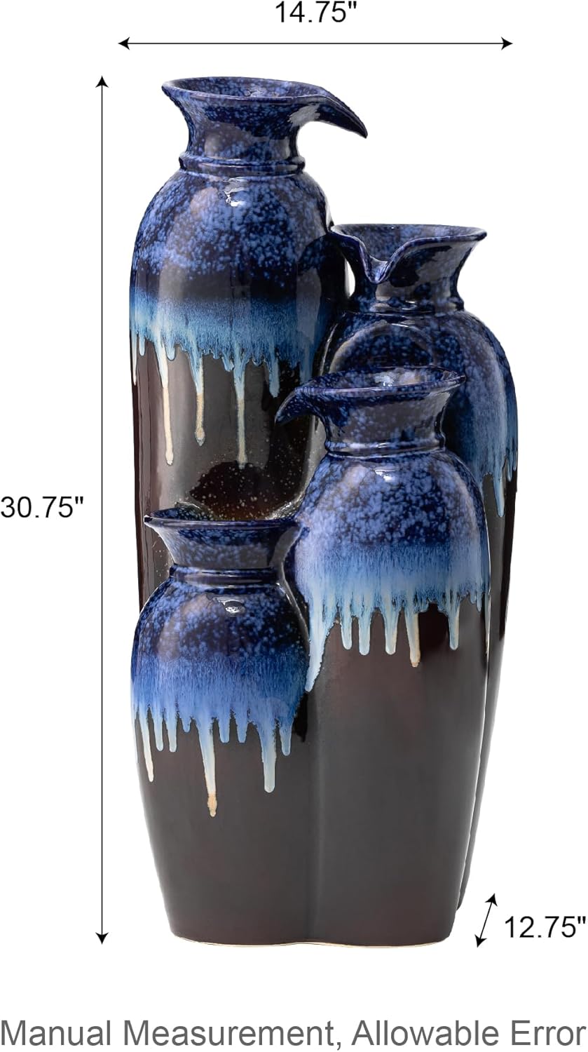 Glitzhome 30.75" H Vase Ceramic Outdoor Water Fountain with LED Lights and Pump, 4-Tier Cobalt Blue and Brown Reactive Glaze Cascading Pots Standing Fountain for Porch Deck Garden Patio Backyard