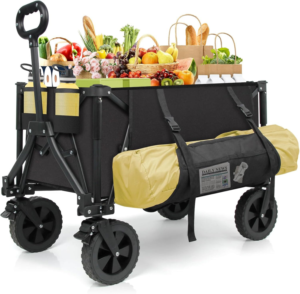 Wagons Carts Foldable Collapsible Wagon Utility Cart 300lbs 130L with Side Pocket and Brakes for Beach Garden Shopping Camping Sports