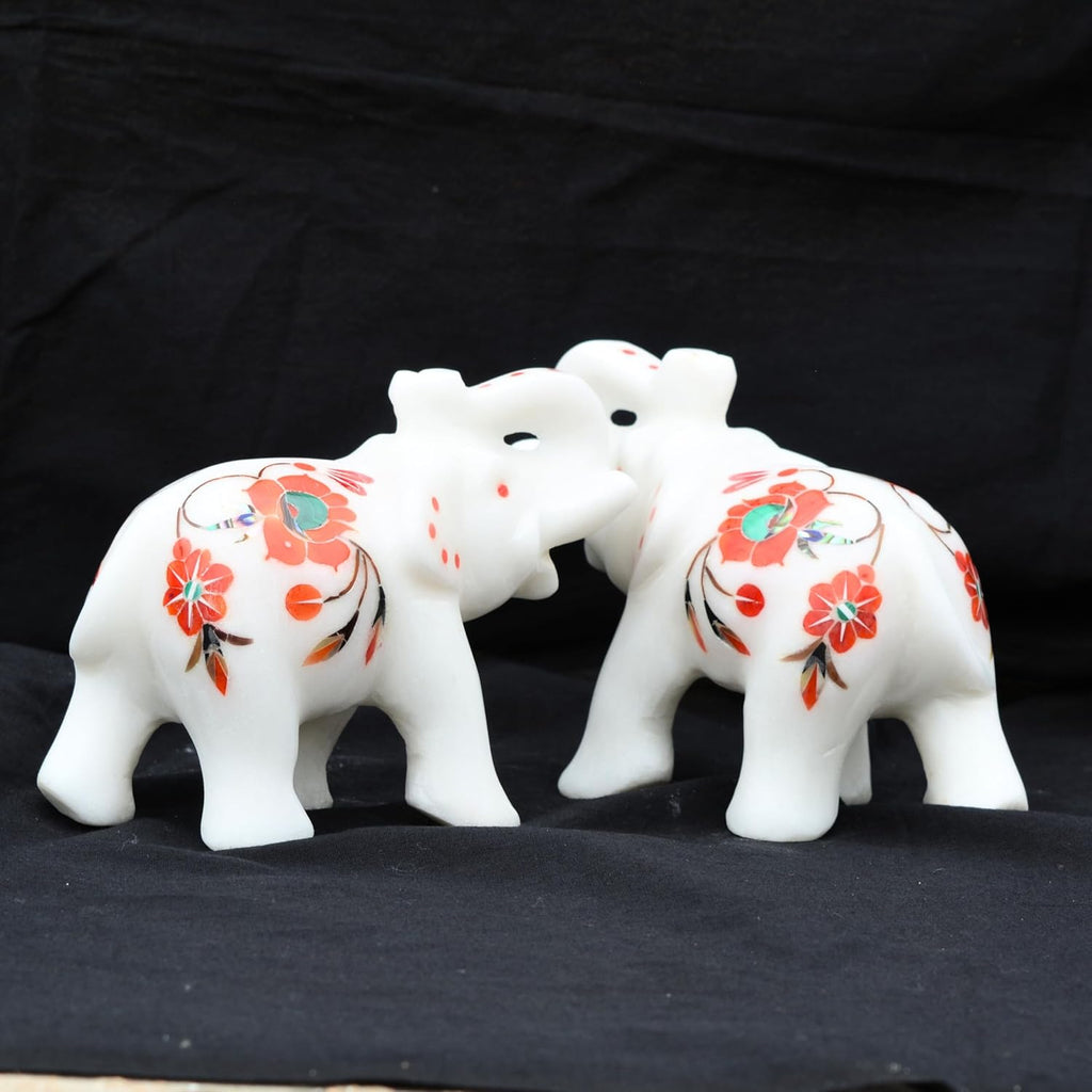 Marble Inlay Elephant Statue 4" Inch (2 Piece) Hakik Stone Inlay Work Semi Precious Stone - Hand Carved Artistic Sculpture Perfect for Home & Office Decor Elegant Decor for Any Space
