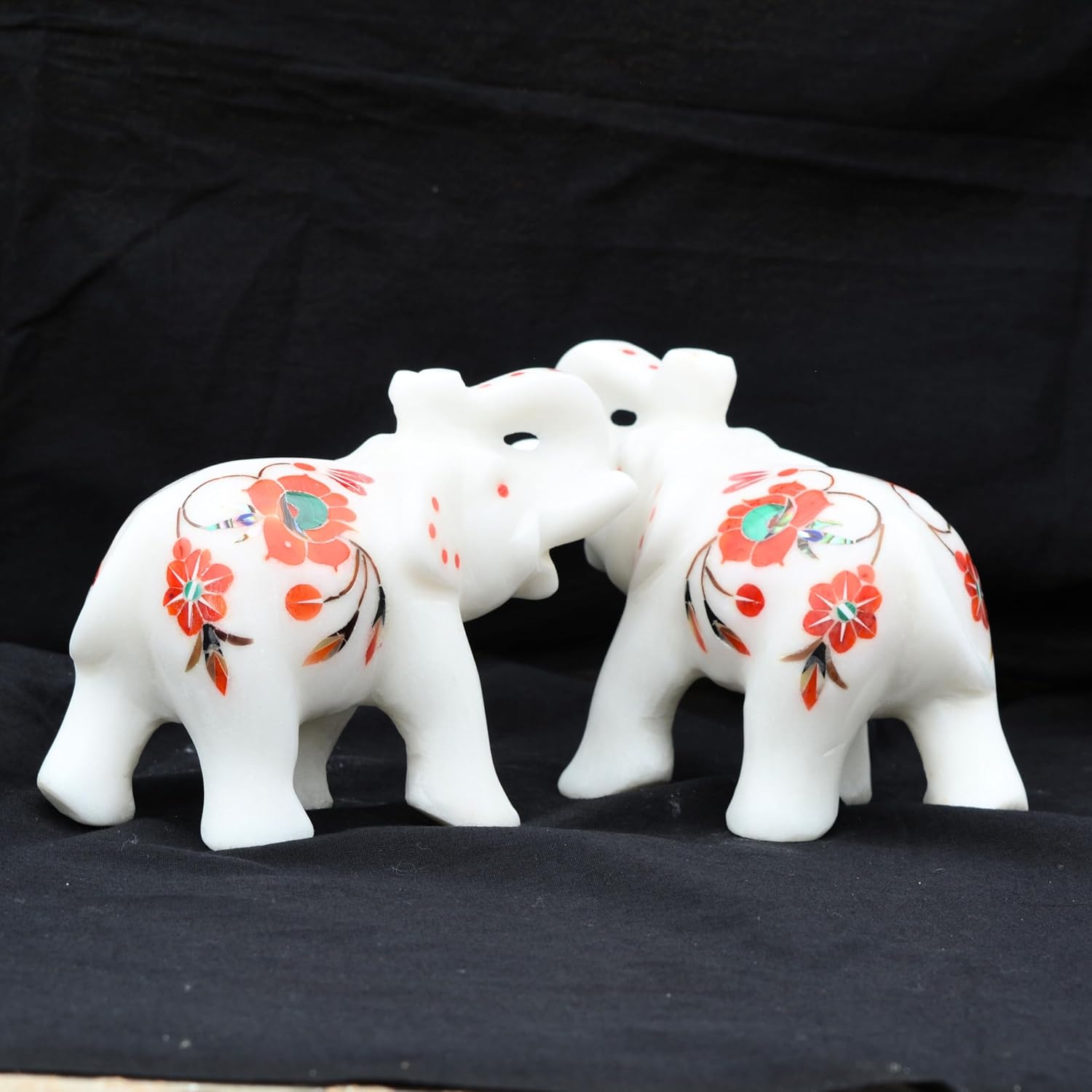 Marble Inlay Elephant Statue 4" Inch (2 Piece) Hakik Stone Inlay Work Semi Precious Stone - Hand Carved Artistic Sculpture Perfect for Home & Office Decor Elegant Decor for Any Space