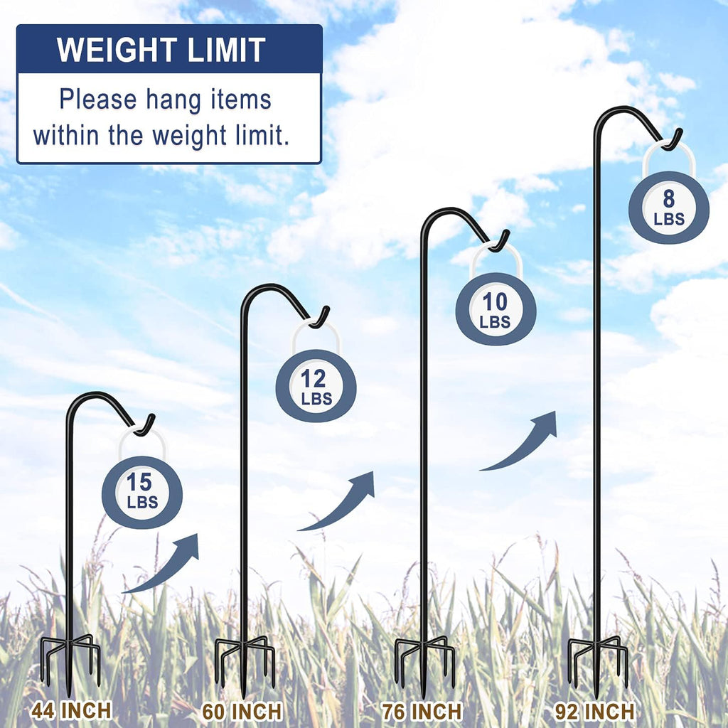 Shepherds Hook for Outdoor Bird Feeders Pole 92 Inch Tall, Adjustable Heavy Duty Garden Hanger Stake Pole with 5 Prong Base, Shiny Black (2 Packs)