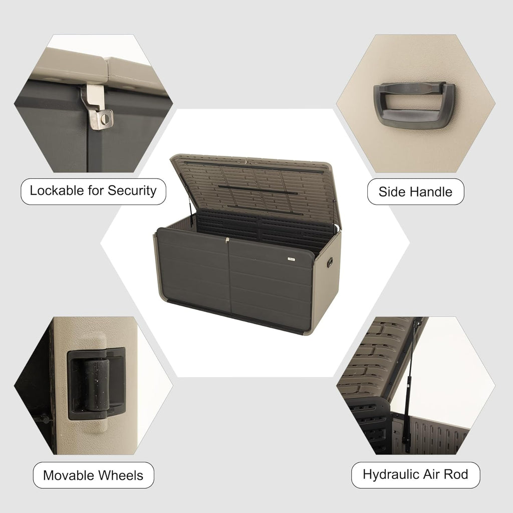 Domi 260 Gallon Resin Deck Box, Waterproof & UV-Resistant Outdoor Large Storage Box Lockable Storage Bin for Patio Cushions Pool Supplies Garden Tools and Delivery Storage