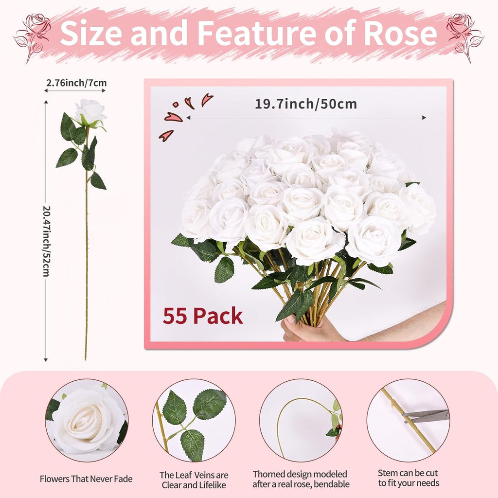 55 PCS Fake Roses Artificial Flowers Bulk, White Roses Bridal Bouquet Silk Faux Rose with Stems for Wedding Flowers Decoration, Valentine's Day, Bridal Bouquet, Anniversary,Home Decor (55PCS, White)