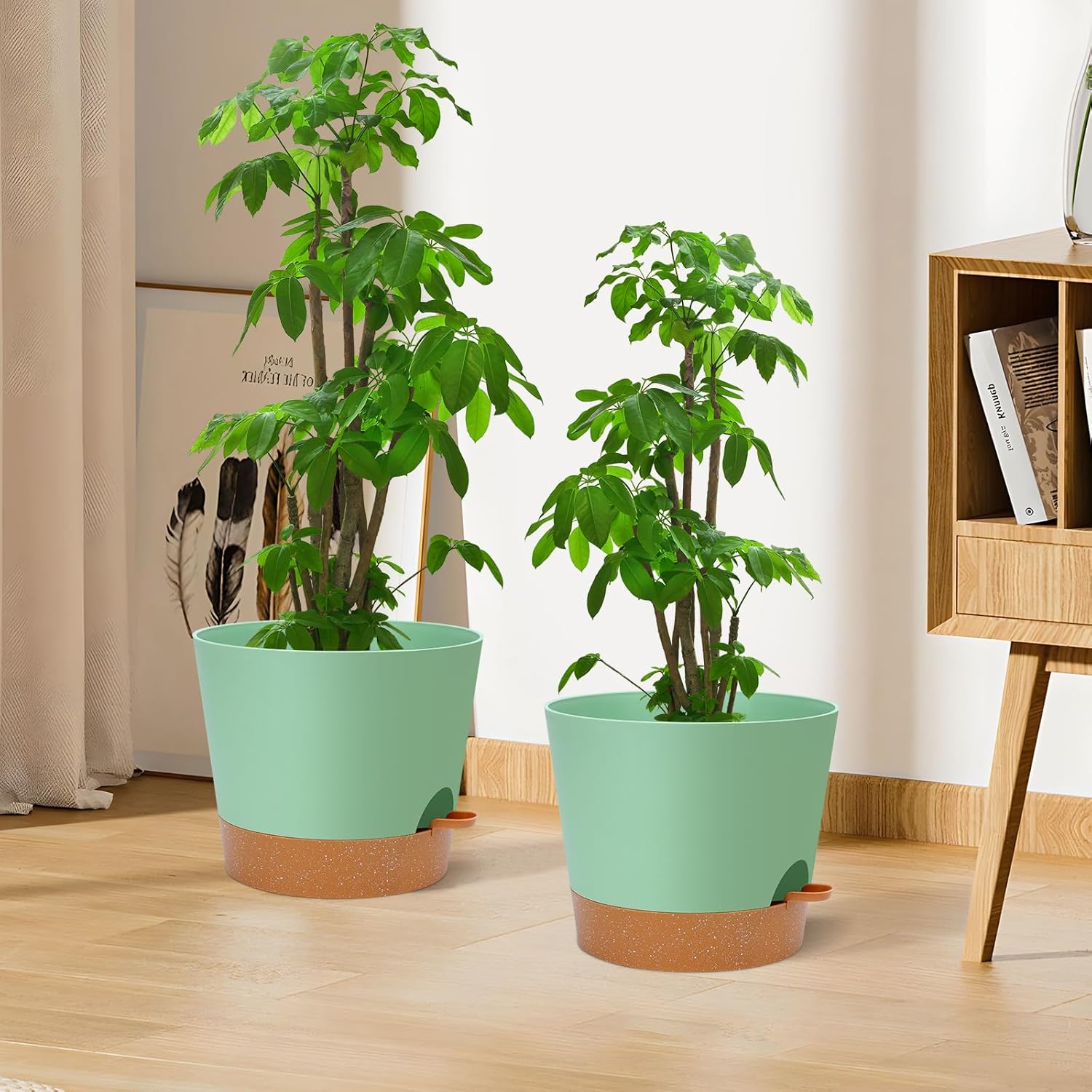 12 Inches Indoor Self Watering Planters with Drainage Holes and Saucers, 4 Pack (Green)