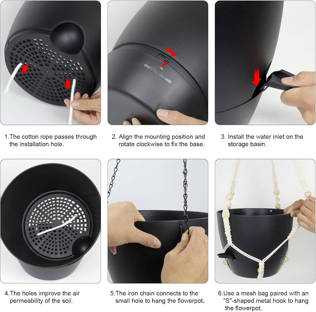 10 inch Self Watering Hanging Planters, 2 Pack Hanging Baskets for Indoor Outdoor Plants, Hanging Flower Pots with Drainage Holes & 2 Kinds of Plant Hangers for Garden Home Decor, Black