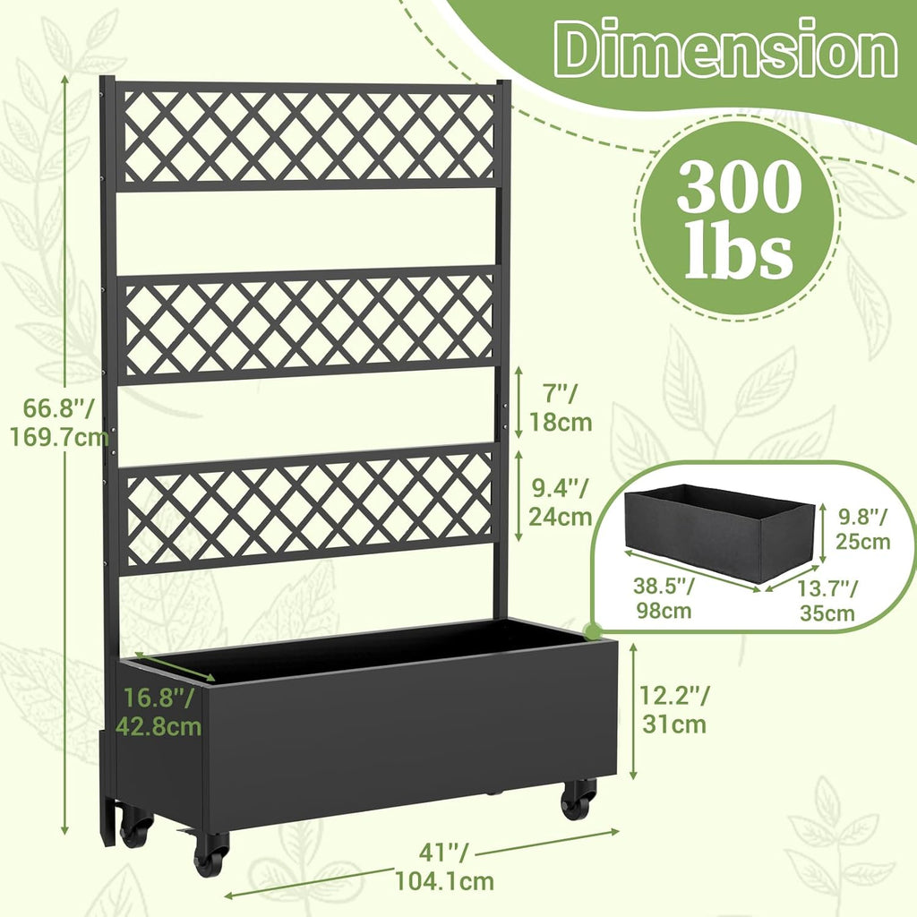 Metal Planter Box with Trellis Privacy Screen, 67"x41"x16" Raised Garden Bed with Trellis, Privacy Planter Boxes, with Planting Bag & Lockable Casters for Climbing Plants,Vegetables,and Vines