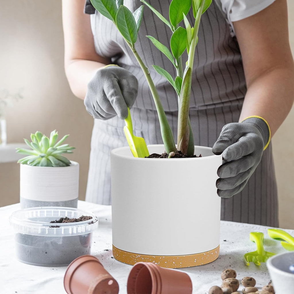 12 Inch Large Deep Plant Pots for Outdoor Indoor Plants, Tall Cylinder Flower Pots with Drainage Holes and Saucer, Big Decorative Plastic Planter Pots for Garden House Plants, White with Brown