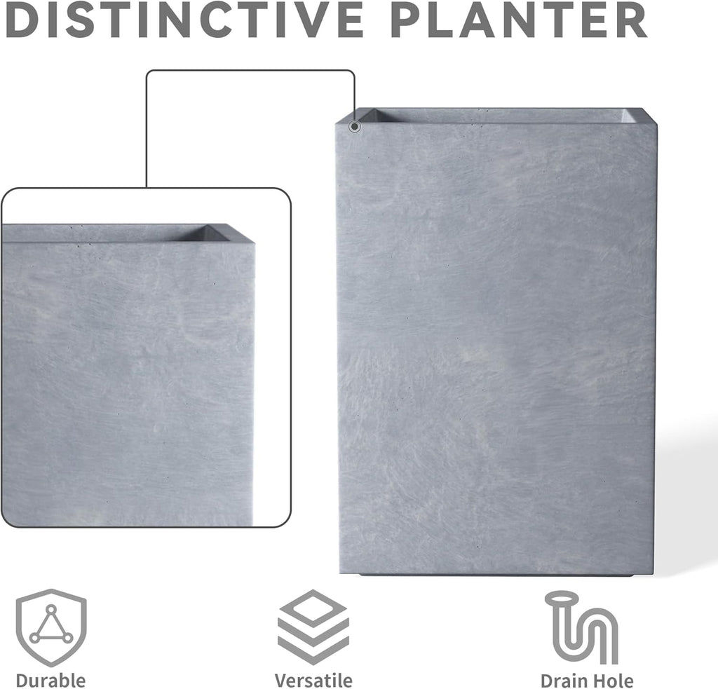 Kante 18.5",15.7",12.6" H Tall Rectangular Concrete Planters Set of 3, Outdoor Indoor Lightweight Plant Pots with Drainage Hole and Rubber Plug, Modern Style for Home Garden Patio, Slate Gray