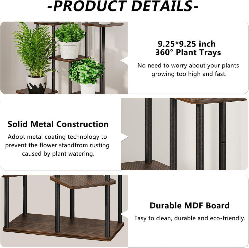 AZERPIAN Plant Stand 7 Tier Indoor Metal Flower Shelf for Multiple Plants Corner Tall Flower Holders for Patio Garden Living Room Balcony Bedroom, Black Oak