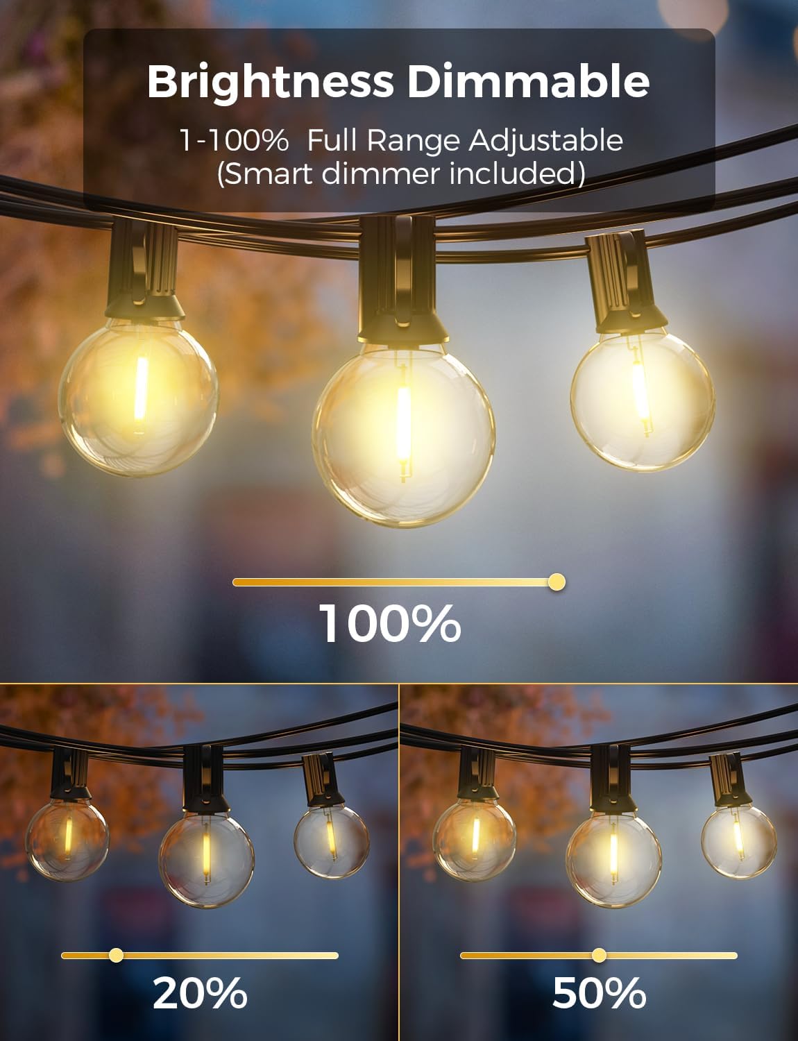 XMCOSY+ Outdoor String Lights, Smart Patio Lights 100Ft Dimmable Outdoor Lights Warm White, 50 G40 LED Bulbs, WiFi String Lights for Outside, Work with Alexa, APP Control, Waterproof Extendable