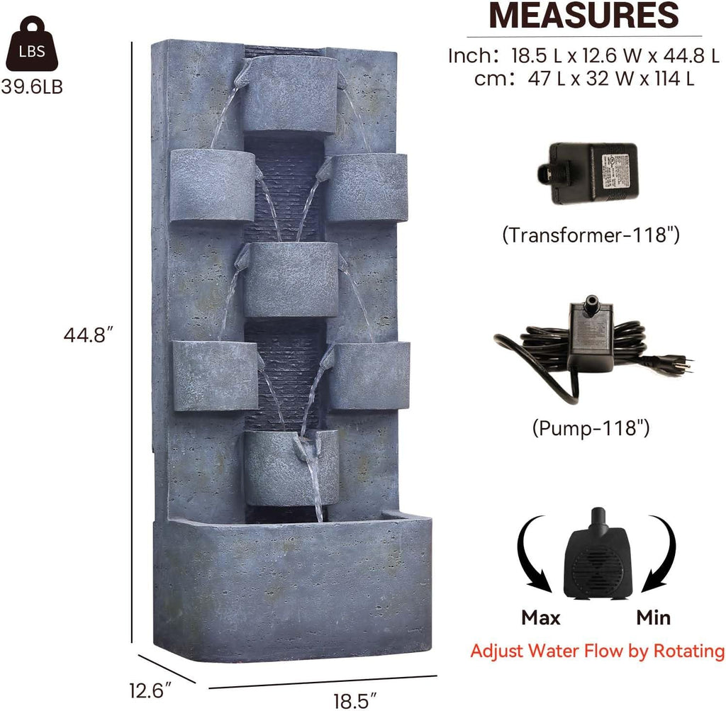 44.8" H Modern Outdoor Water Fountain with LED Lights and Pump, Mutiply-Tier Standing Cascading Waterfall - Modern Design for Garden,Patio,Yard, Multi-Level Outdoor Decor (Gray)