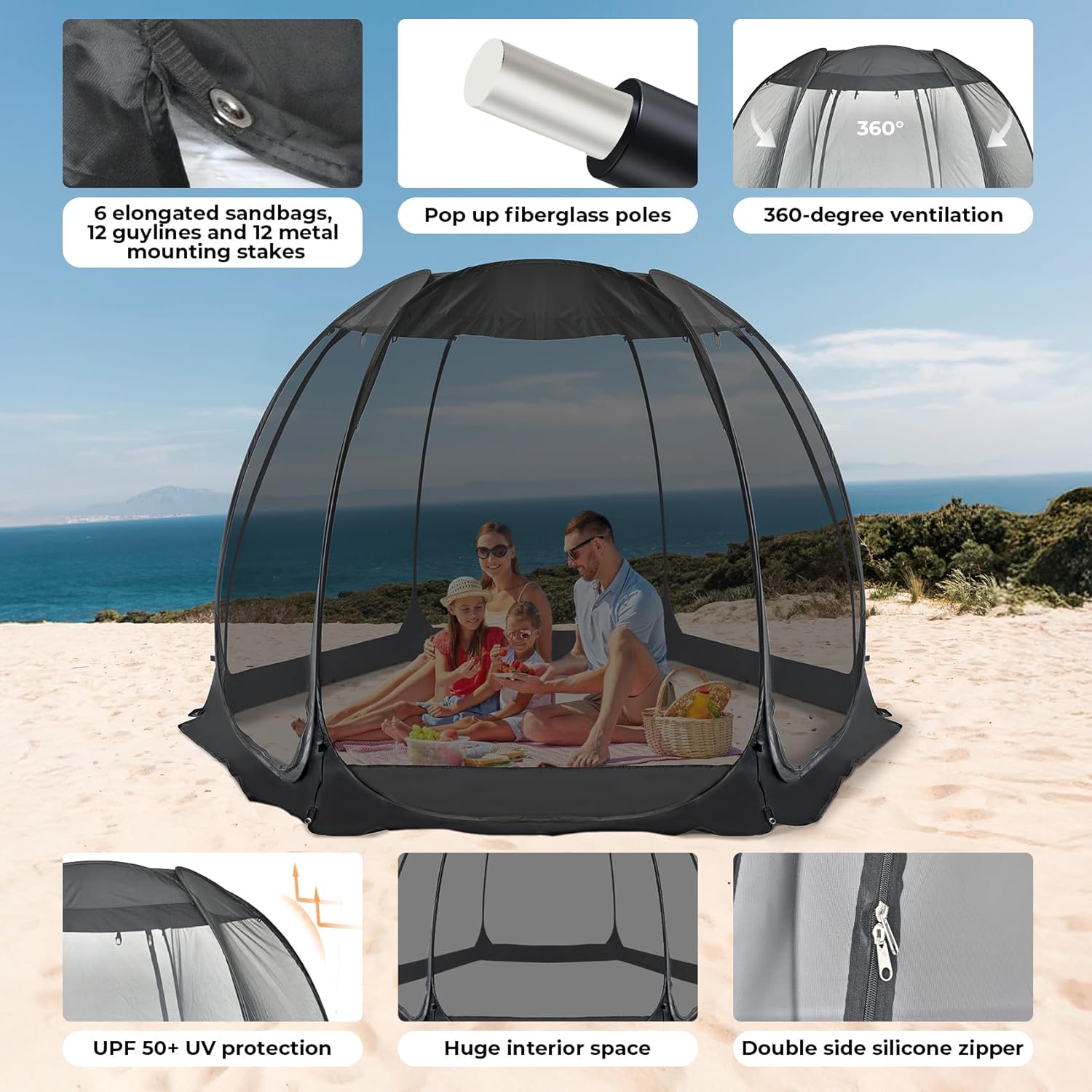 Alvantor Screen House Gazebo, 6-10-15 Person Pop Up Igloo Screened Canopy Tent with Mosquito Netting Sides, Instant UV Resistant Sun Shelter for Garden, Patio, Backyard