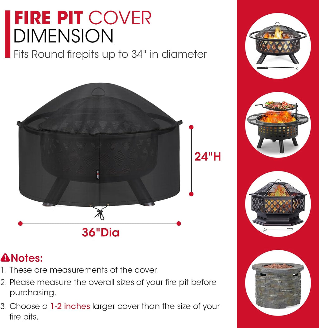 Unicook Firepit Cover Round 36 Inch, Waterproof Fade Resistant Outdoor Fire Bowl Cover with Handles & Drawstring, Fits Patio Fire Pits up to 34" Dia, Black