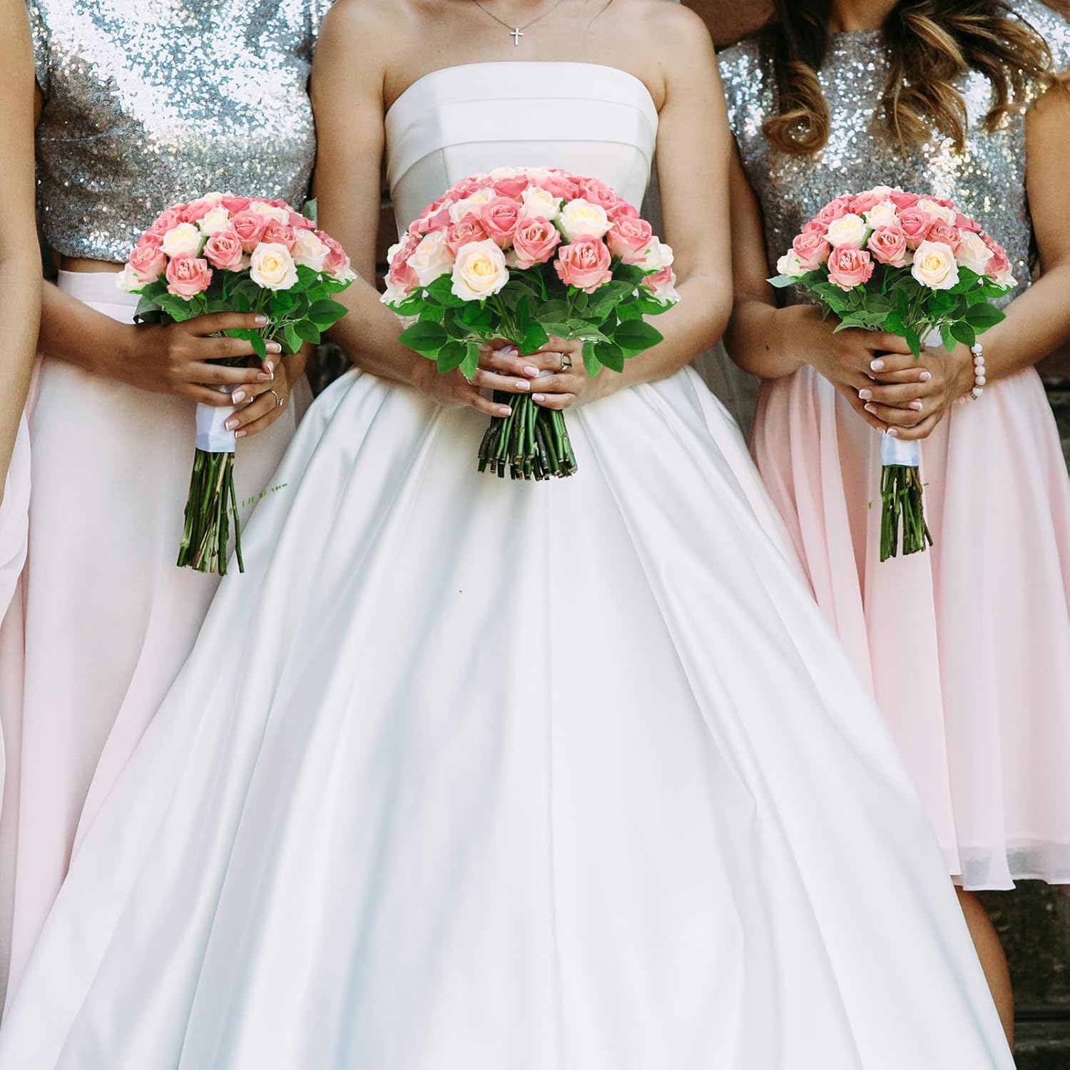 36 Pcs Pink Champagne Rose Artificial Flowers Bulk with Long Stem,Realistic Silk Fake Roses Plastic Roses Bouquet Artificial Flowers for Bridal Wedding Arrangement Table Centerpieces Decor