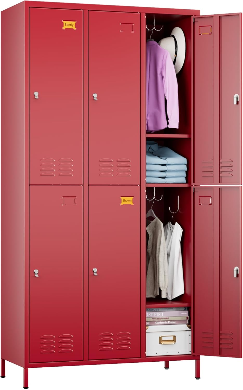 6 Doors Metal Lockers for Employees with 6 Shelves and 18 Hooks, Storage Locker with Business Card Holder for Office Gym School Bedroom, Assembly Required, Red