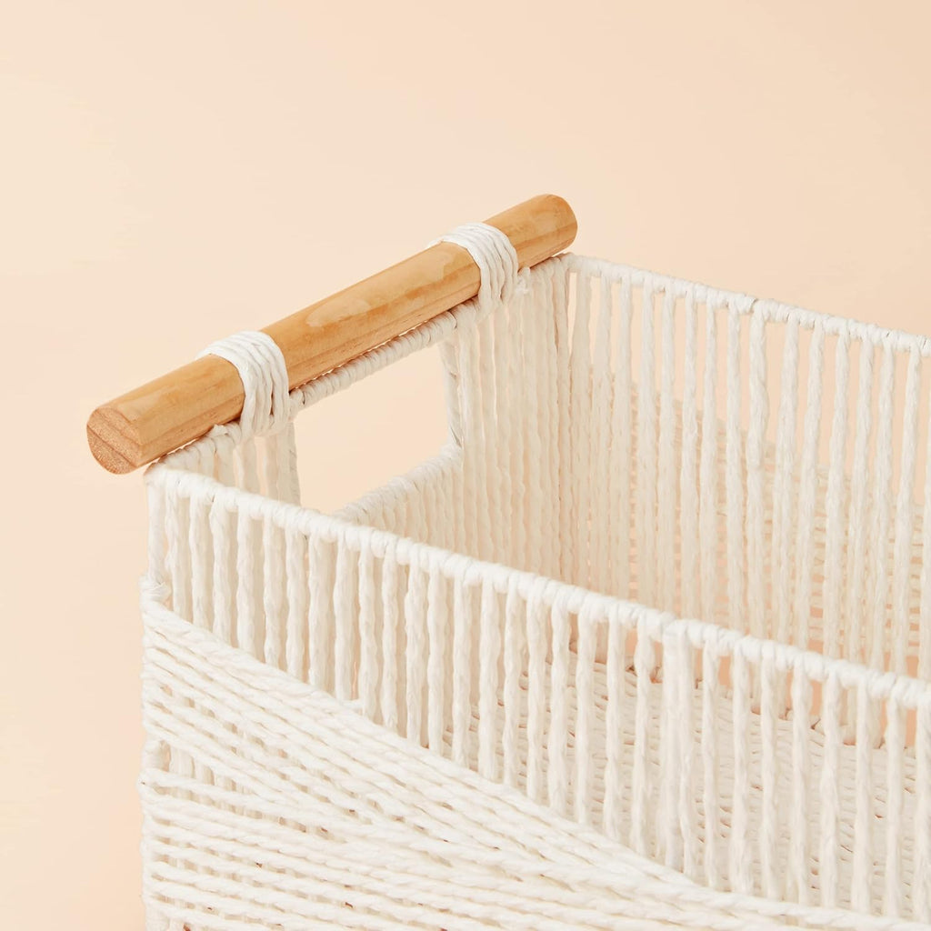 LA JOLIE MUSE Wicker Storage Baskets for Organizing, Recyclable Paper Rope Basket with Wood Handles, Decorative Hand Woven Basket Organizers for Makeup Books Shelves Living Room, White, Set of 2