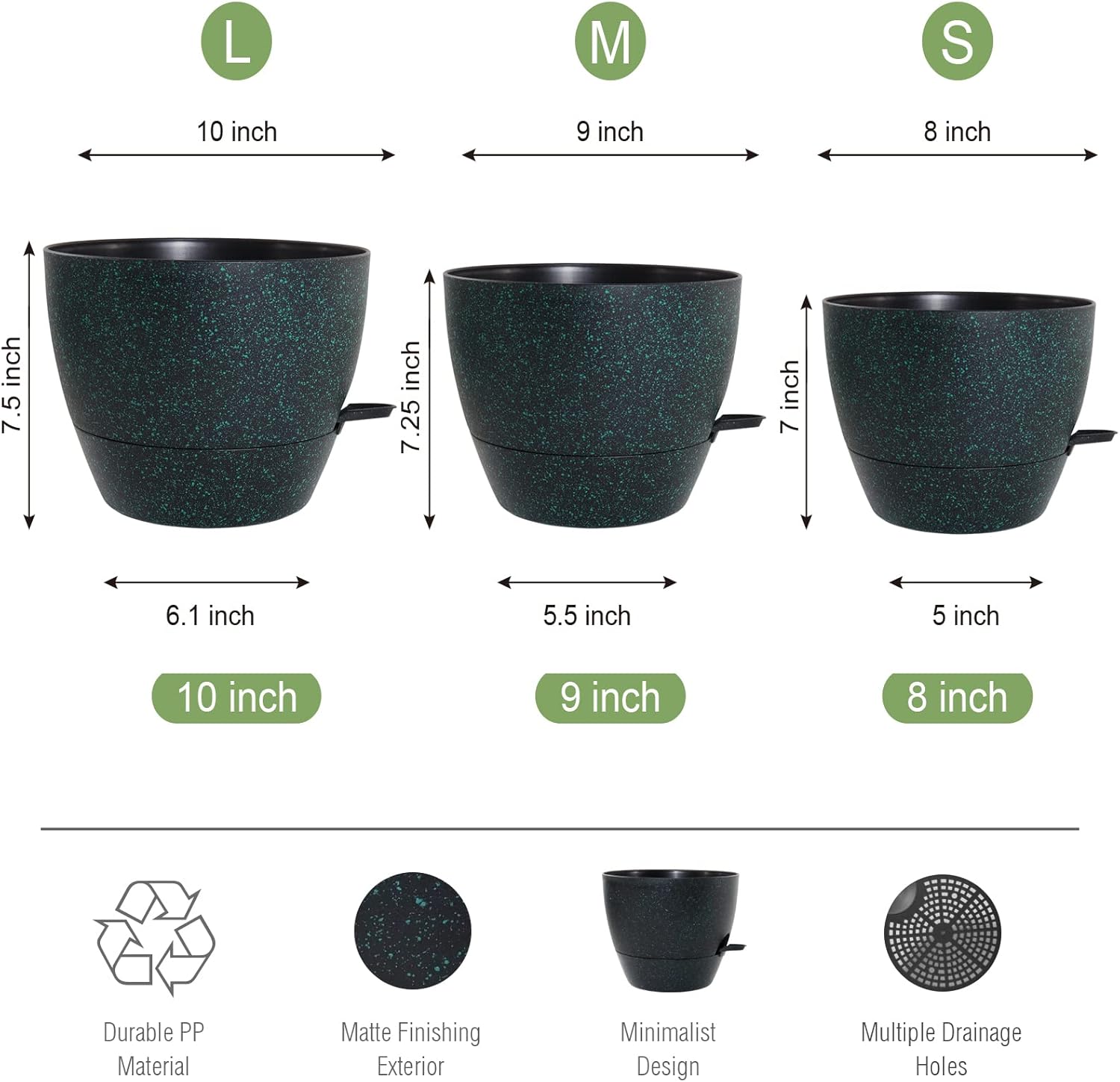 10/9/8 inch Self Watering Pots, Set of 3 Plastic Planters with Mesh Drainage Holes and Deep Reservoir for Indoor Outdoor Garden Plants and Flowers, Black with Green Speckles