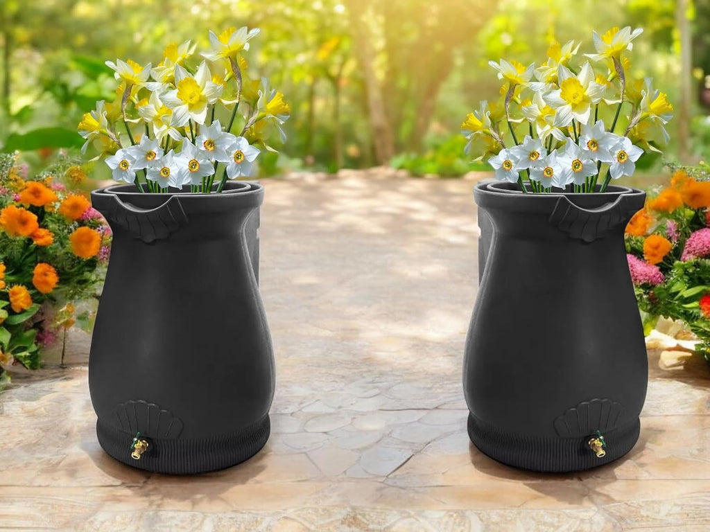 65-Gallon Urn Rain Wizard Decorative Barrel (Black, 2 Pack)