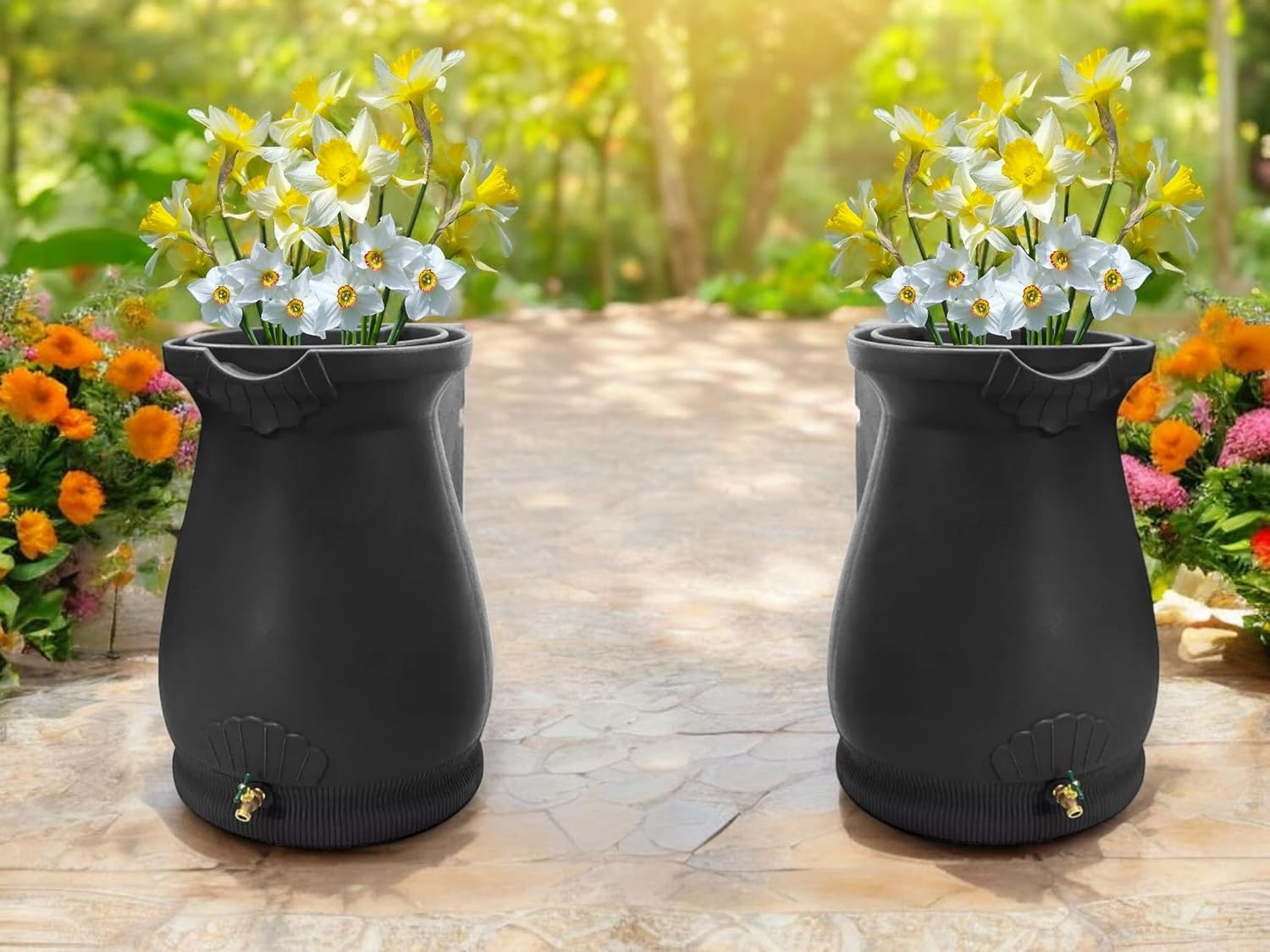 65-Gallon Urn Rain Wizard Decorative Barrel (Black, 2 Pack)