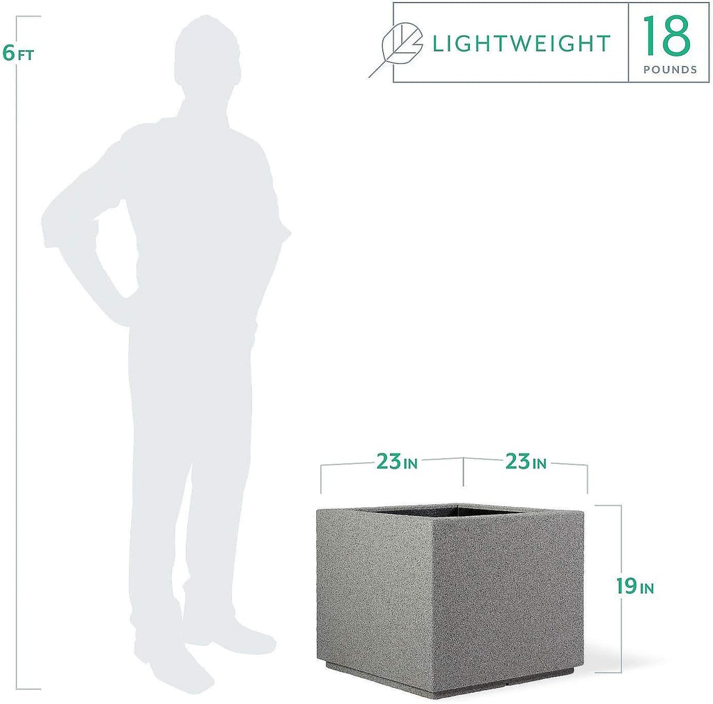 PolyStone Monterray Modern Outdoor/Indoor Square Planter, 23" L x 23" W x 19" H, Lightweight, Heavy Duty, Weather Resistant, Polymer Finish, Commercial Grade and Residential (Gray Granite)