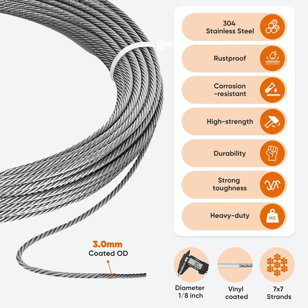164FT 1/8" Stainless Steel Cable Kit with Wire Rope Crimping Tool and Cable Cutter, Turnbuckle Wire Tensioner Kit, 7x7 Strands Aircraft Cable for Deck Railing, Porch Fence, String Light