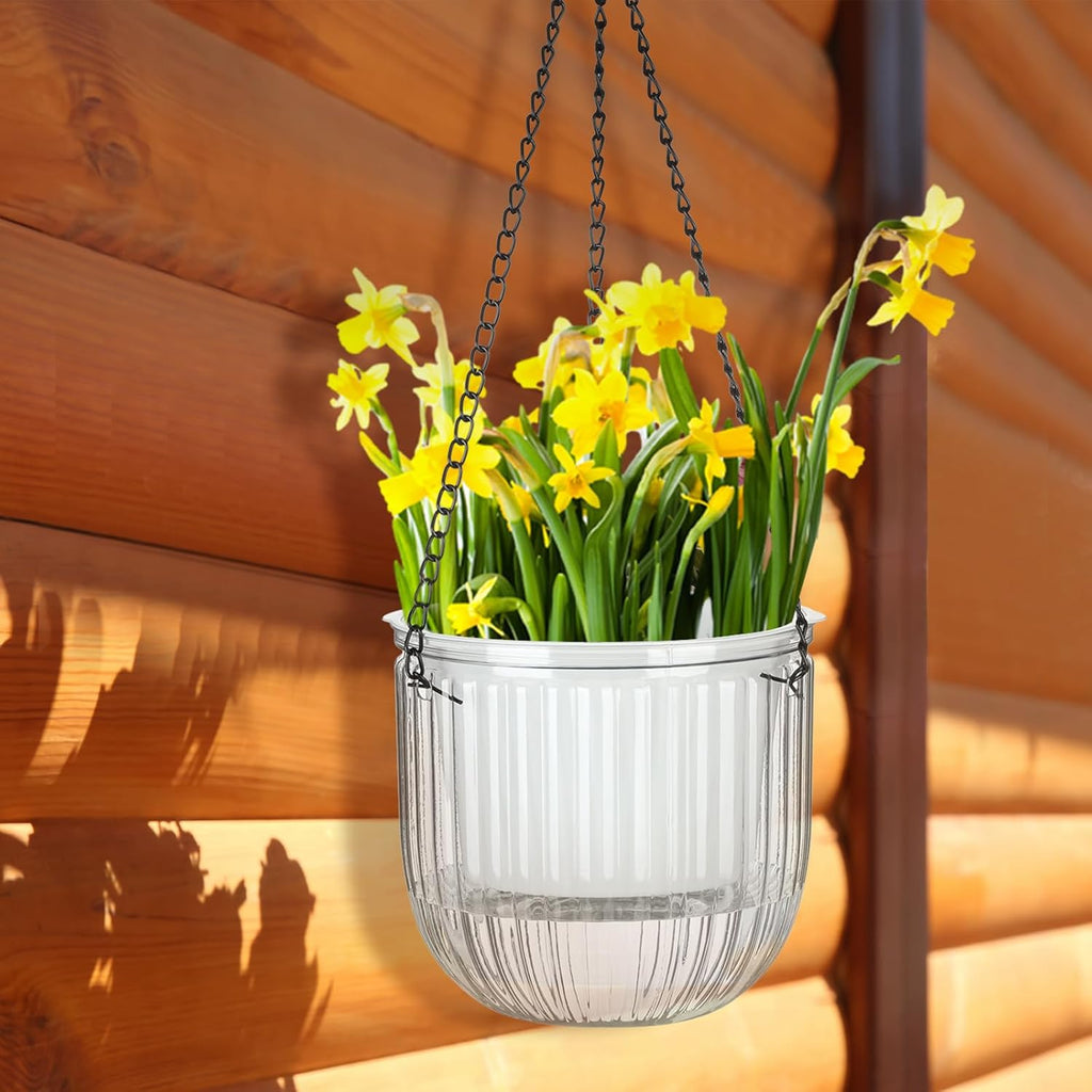 Maxcheck 4 Pcs Self Watering Hanging Planters Indoor Gift 6.5'' 4.5'' Hanging Flower Pots Baskets Outdoor Self Watering Plant with 3hooks Drainage Holes for Home(Clear)