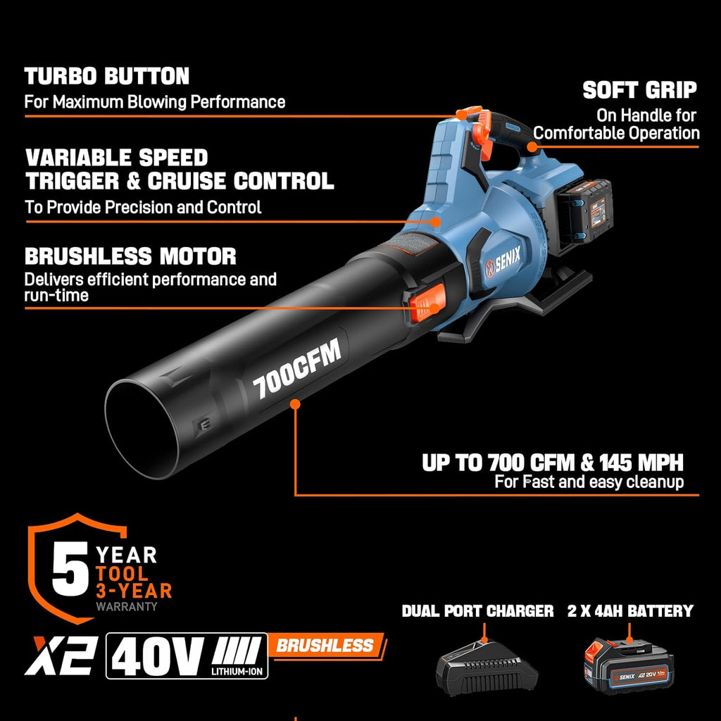 SENIX Leaf Blower Cordless, 40V Max Electric Leaf Blowers, Brushless, Handheld, Up to 700 CFM and 145 MPH, 2 Speed Mode, Cruise Control, Includes 2 x 4.0Ah Battery and Charger (BLAX2-M2)