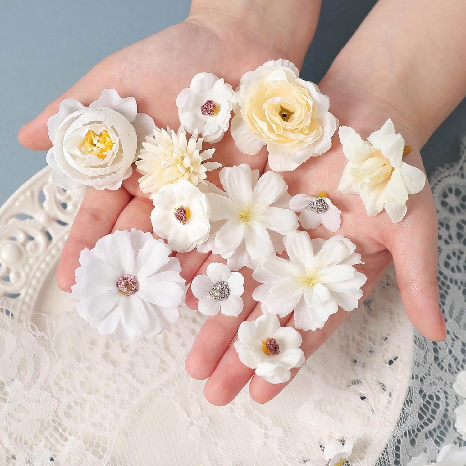 Faux Flower Heads Mini White Artificial Flower Heads Fake Peony Daisy Rose Flowers Multicolor Small Silk Daisy Flower Heads for Craft Garland Wedding Party DIY Home Decoration,2-4 cm