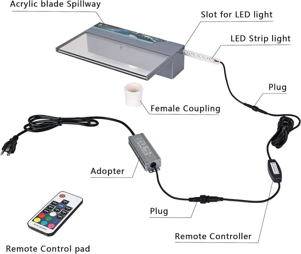 PONDO Lighted Waterfall Pool Fountain 24" with LED 7 Color Changing and Remote, Acrylic Waterfall Spillway for Sheer Descent Garden Outdoor