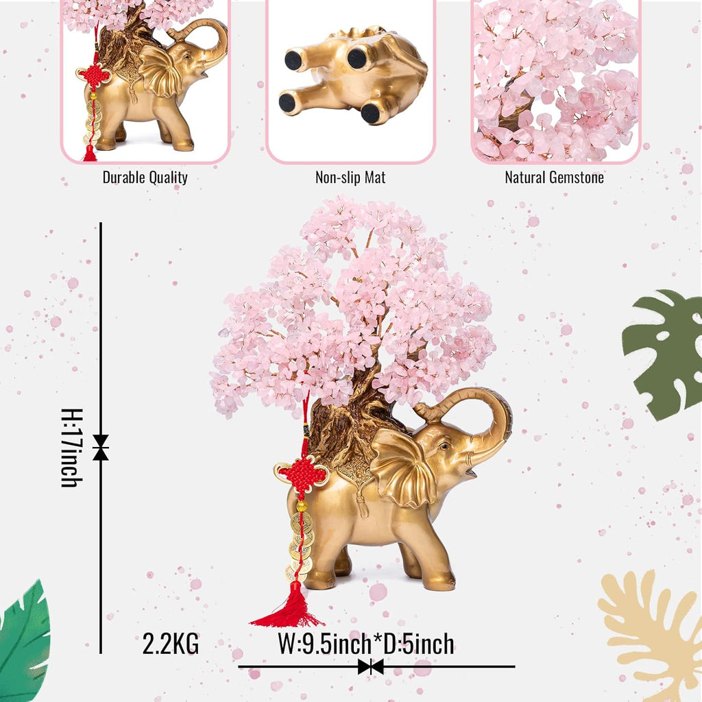 Rose Quartz Crystal Money Tree on Gold Elephant Statue, 17”Large Gemstone Bonsai Tree of Life Home Décor Gifts for Wealth Positive Energy, Feng Shui Décor