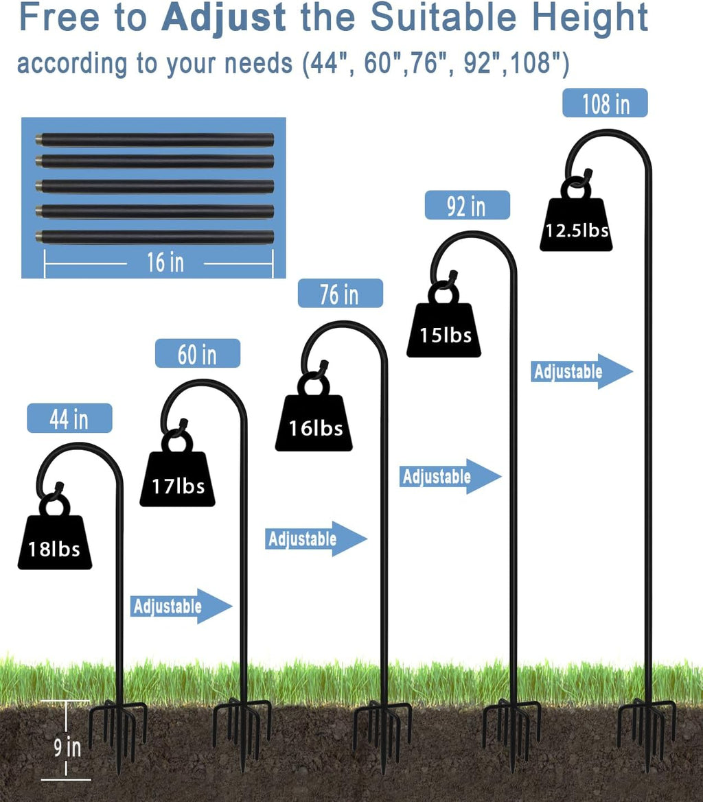 108 inch Outdoor Shepherd Hook with 5 Prong Base (2 Packs), Adjustable Heavy Duty Garden Hanging Stake for Bird Feeder Solar Light Plant Hanger Wedding Decor, Matte Black