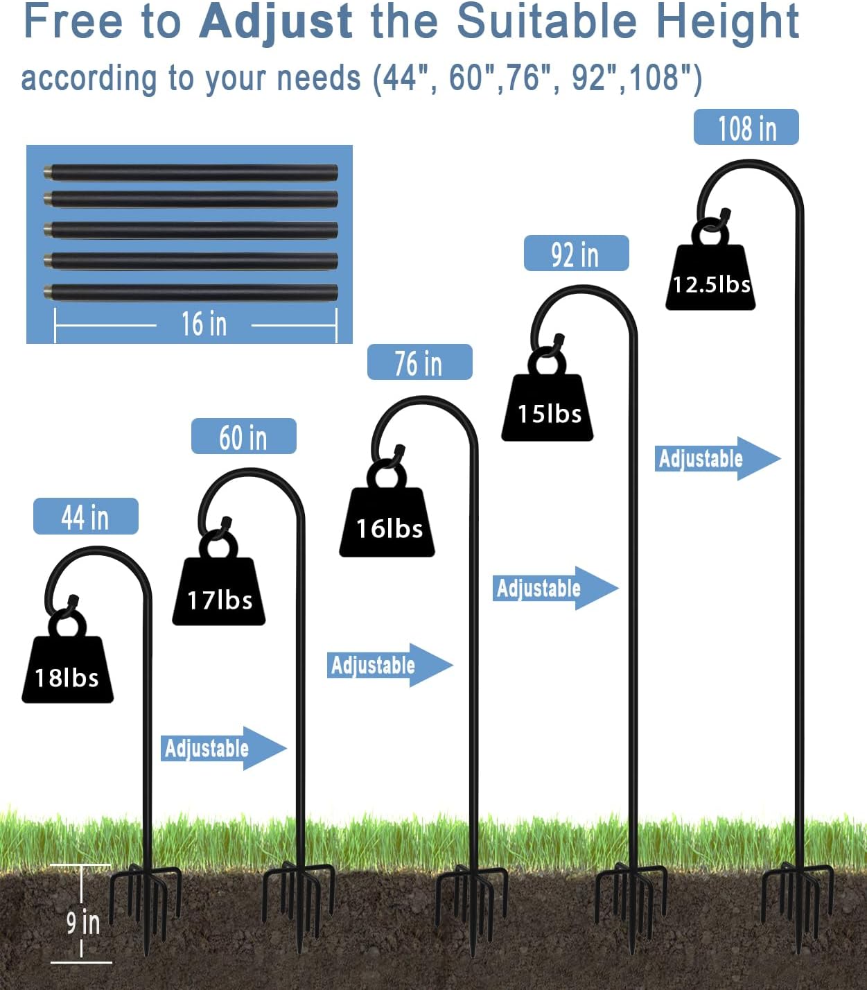 108 inch Outdoor Shepherd Hook with 5 Prong Base (2 Packs), Adjustable Heavy Duty Garden Hanging Stake for Bird Feeder Solar Light Plant Hanger Wedding Decor, Matte Black