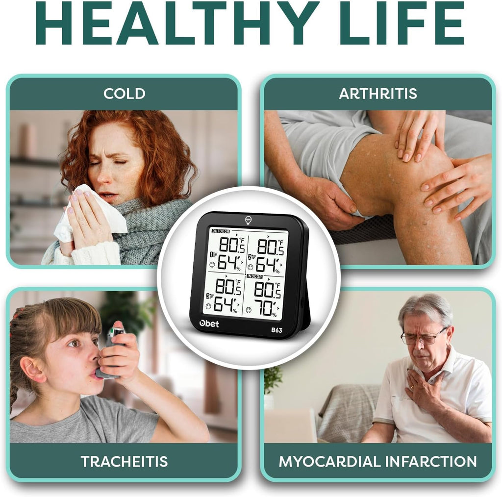 OBET Indoor Outdoor Thermometer Wireless with 3 Sensors Weather Station Temperature Humidity Monitor 500ft Range and Adjustable Backlight and Min Max Data Black