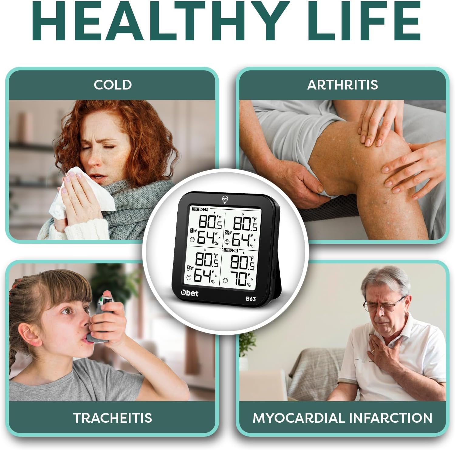 OBET Indoor Outdoor Thermometer Wireless with 3 Sensors Weather Station Temperature Humidity Monitor 500ft Range and Adjustable Backlight and Min Max Data Black