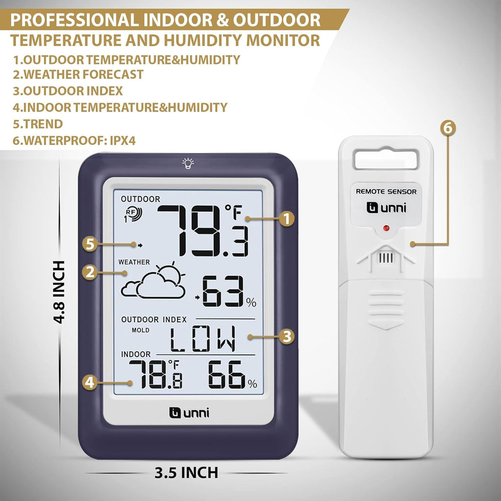 Indoor Outdoor Thermometer Wireless Weather Station, Temperature Humidity Monitor Battery Powered Inside Outside Thermometers with 330ft Range Remote Sensor and Backlight Display (Purple)